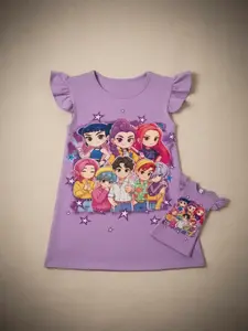 K-Pop Huntrix Character Rumi Mira Zoey Print Flutter Sleeve Girls Dress Set with Doll Clothing, Cute Cartoon Style, Graphic Print Dress, Best Christmas Gift for Girls