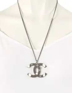 Pre-owned CHANEL Metal Necklace Silver CC Logo Charm Crystal & Glitter Gunmetal 24" W/Box #1260