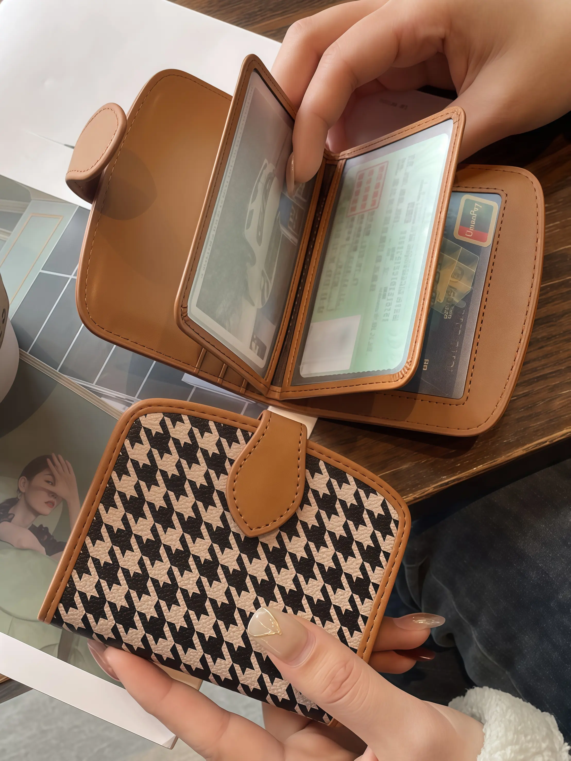 Women's New Fashion Houndstooth Pattern Driving License Case & Card Holder, Leather Wallet, Two-In-One High-End Driver's Permit Protection Cover, Stylish Document Organizer, Convenient Storage