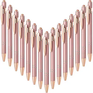 15pcs Rose Gold Round Ballpoint Pens, Retractable Hidden Tip, Touch Head, Ink 1.0mm, School Office Supplies, Durable Extensible Mechanism
