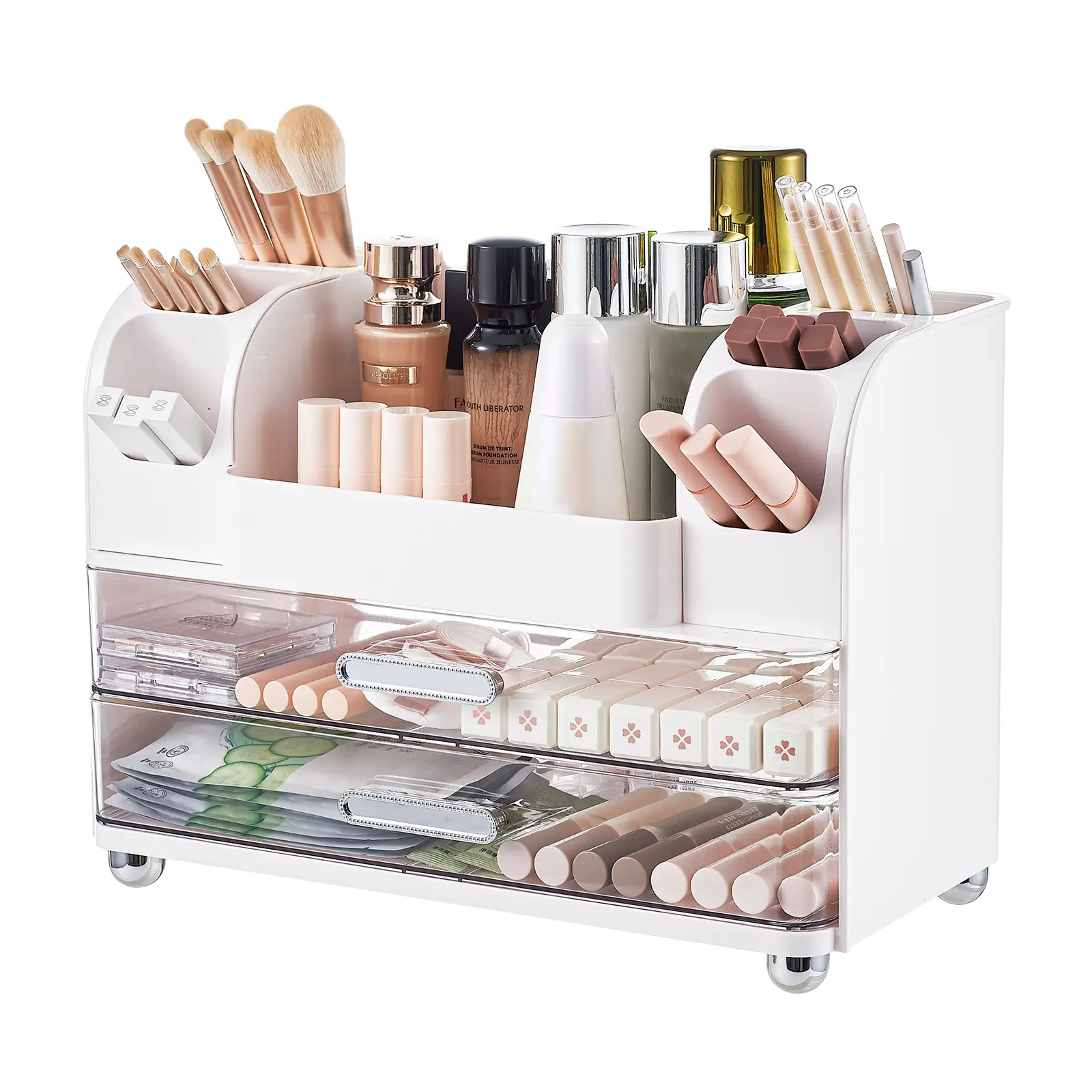 Pink Rectangular ABS Plastic Cosmetic Makeup Tool Organizer - Wipe-Clean, 13.78w×7.87×9.85h in, Adjustable Holder with 2 Large Drawers & Makeup Brush Organizer, Female Vanity Organization Rectangular Box for Bathroom Countertop, Home Supplies Gift