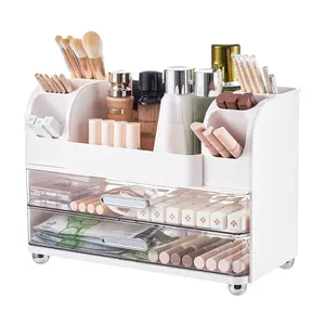 Makeup Organizer for Vanity with 2 Large Drawers,Cosmetic Display Case with Brush Holders, Easy to Storage for Bathroom Countertop Skincare,Desk Office Supplies,Gift, Pink, jewelry organizer
