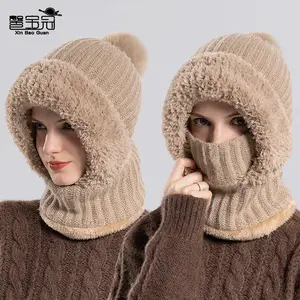 Knitted hat scarf mask integrated hat women's winter cycling windproof plush warm wool hat