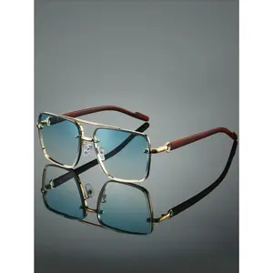 Men's Full Frame Square Eyeglasses, Retro Double Bridge Wood Grain Metal Frame Fashion Decor Glasses