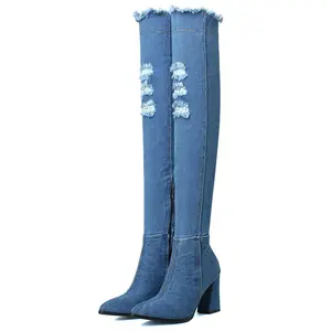 Denim long boots, fashionable ladies' pointed boots, high-heeled boots, comfortable and classic denim boots