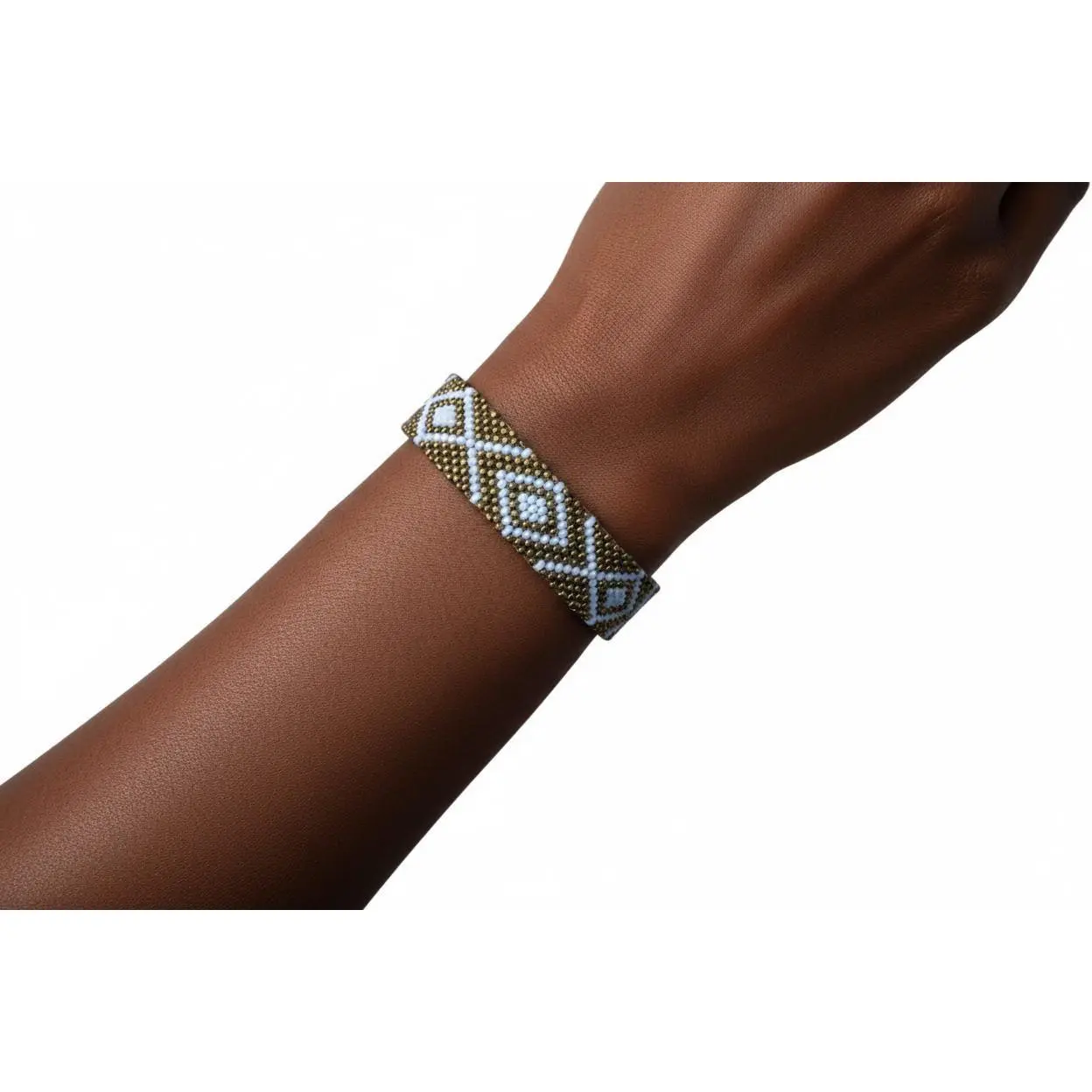 Golden Rwandan Beaded Bracelet, Handmade Brass and White African Geometric Boho Jewelry (1PC)