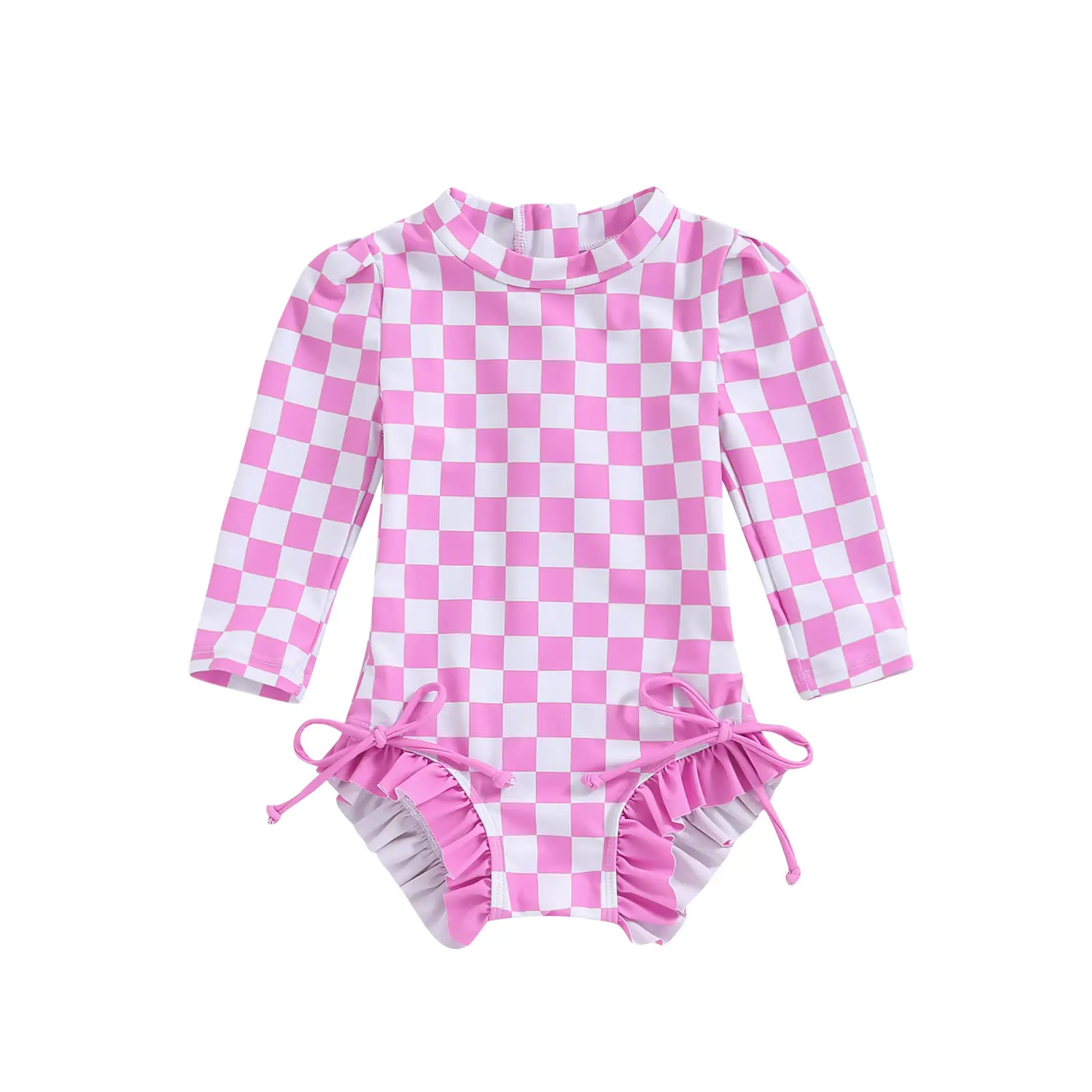Toddler Baby Girl Bikini Swimsuit Checkerboard Print Swimwear Long Sleeve Rash Guard Zipper Bowknot Summer Beach Bathing Suit UPF 50+ #Springtok