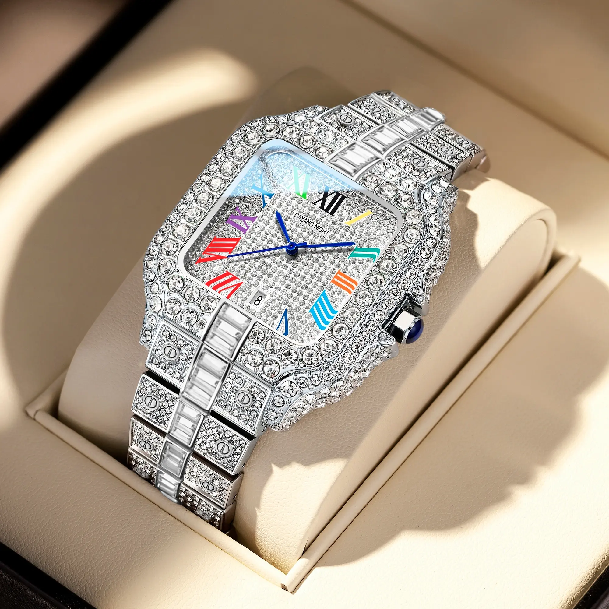 Men's Iced Out Hip Hop Watch, Silver 42mm Square Face with Colorful Roman Numerals, Durable Analog Design with Diamond Bezel and Secure Clasp, Diamond Alloy, Waterproof