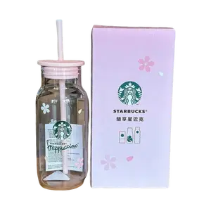 Starbucks 500ml Pink Cherry Blossom Coffee Cup Shake Straw Cup Glass Milk Cups