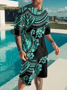 Men's Casual Geometric Print Track Shorts Set, Fitted Short Sleeve Tee, Crop/short Length, European and American Fashion Aesthetic Style