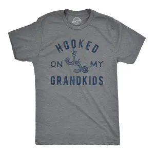 Mens Hooked On My Grandkids T Shirt Funny Fishing Grandpa Novelty Graphic Tee Mens Funny T Shirts Cool Vintage Fashion T-Shirt Gift Classic Menswear Dad Joke Apparel for Men Funny Grandpa Short Sleeve Novelty Dark Grey