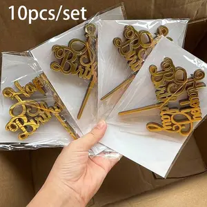 10pcs Happy Birthday Acrylic Cake Toppers, Cake Decorations, Party Supplies, Modern Letter Pattern Mirrored Gold Durable Multifunctional Acrylic Cake Decorations, Birthday Party Decor, Perfect Memento For Family And Friends