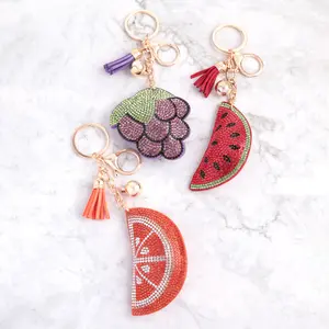 Fruit Rhinestone Keychains - Watermelon, Oranges,Avocado and Grapes Design with Tassel and Pearl Accents for Stylish Accessory