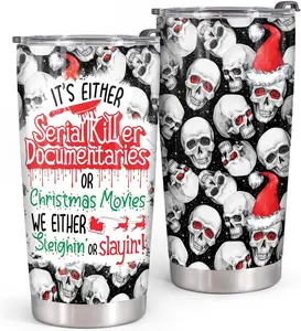Funny Skull Christmas Tumbler, Serial Killer Docs or Christmas Movies”, Dark Humor Holiday Cup for True Crime Fans & Winter Gifts