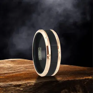 Personalized Black Tungsten Men's Wedding Band Ring, 8MM Brushed Rose Gold Plated Edge Grooved Engagement Ring, Men's Ring, Promise Ring