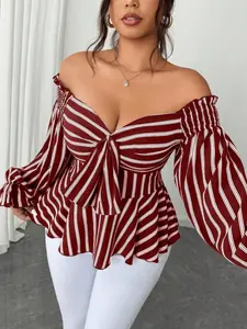 Women's Plus Size Elegant Vintage Casual Striped Back Tie One Shoulder Front Knot Long Sleeve Blouse Shirt Top, All Seasons Fashion