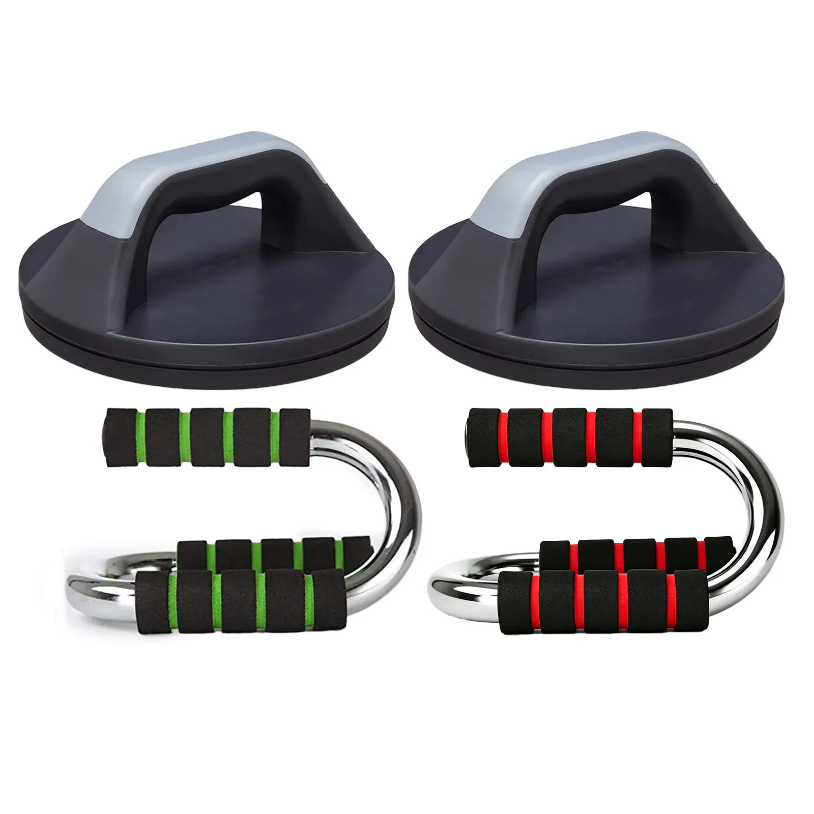 Assorted Push-Up Stands, Including Rotating Black Handles and S-Type Green Foam Grip Bars, Multi-Style Fitness Accessories for Daily Use