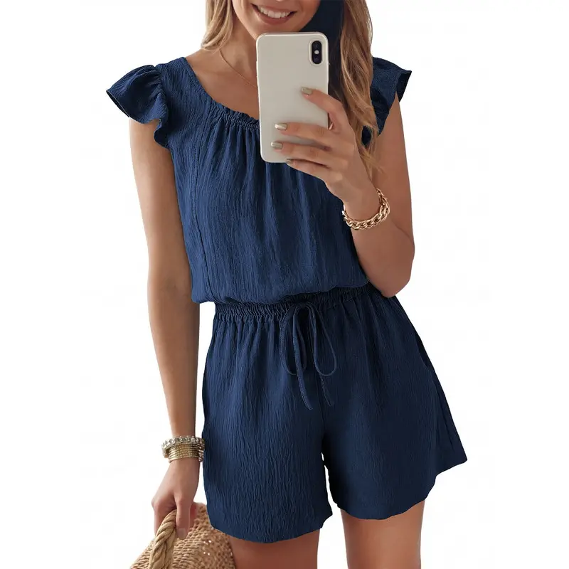 Dokotoo Rompers for Women 2026 Summer Ruffle Sleeves Square Neck Drawstring Casual Jumpsuits with Pockets