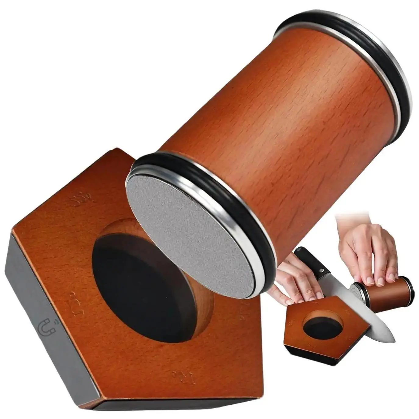 Magnetic Rolling Knife Sharpener Kit, 5-Angle (12-22° Range) Diamond-Stainless Steel Discs with 2 Extra Discs, Leather Strop for Straight Edge Kitchen Traditional Blades, Gift-Boxed, 15° & 20° Sharpening Angle