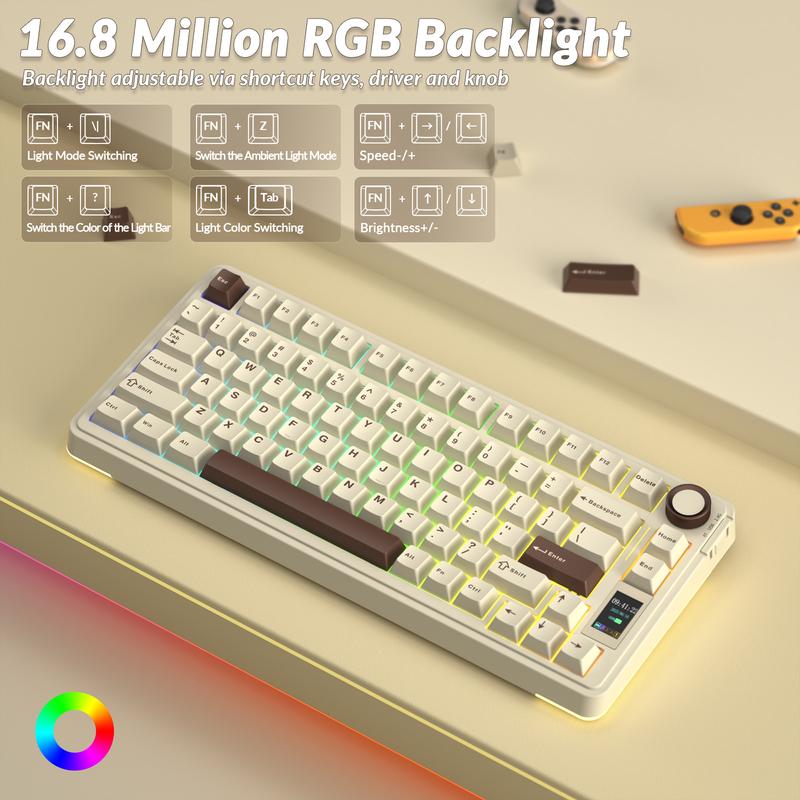 AULA S75 Pro 75% Wireless Mechanical Gaming Keyboard Tri-Mode Connection(Bluetooth/2.4G/Wired) Hot-Swappable Custom LCD Screen & Multifunction Knob RGB Backlight Long Battery Life (Cream Latte) PC Gaming Accessories Computer Creamy keyboards