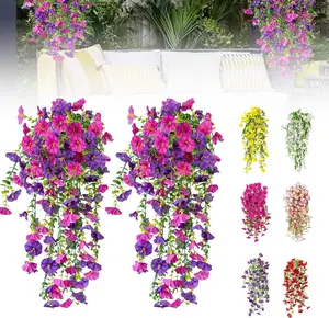 Artificial Flowers for Outdoors Fake Morning Glory Hanging Flower Decoration, 2 Pcs Realistic Faux Plants Petunias Trailing Vines, Spring Decor for Porch Patio Balcony Planter Yard(Purple+Fuchsia)