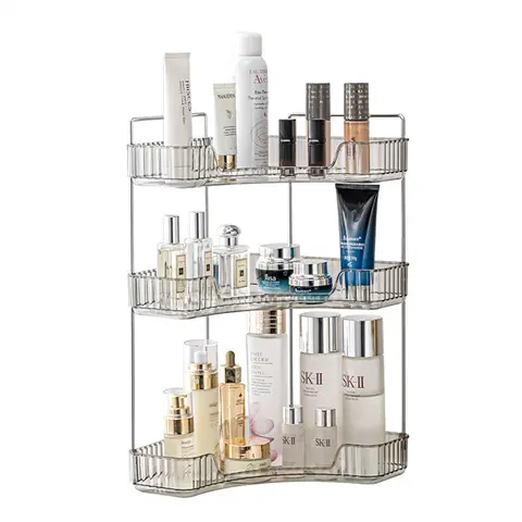 Durable 3-Tier Plastic-Metal Corner Bathroom Counter Organizer, Bathroom Organizing Accessories with Easy-Access Shelves, Smooth Dry Cloth Wipe Cleaning for Vanity Dressing Table, Daily Vitamins, Gold Bars