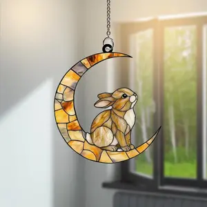 Orange Rabbit on Moon Acrylic Suncatcher, Rabbit Window Hanging