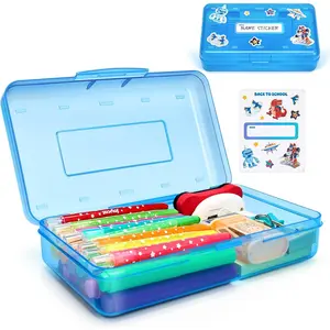 SQ-PCB027 Plastic Pencil Box with Personalized Sticker,Kids Large Hard Pencil Case with Snap-tight Lid,Clear Crayon Maker Organizer,Small Art Craft Storage Containers,School Supplies Box for Boys,Girls