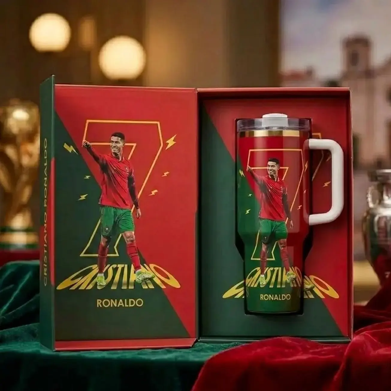 [No box] Portugal Legend 20oz & 40oz Tumbler With Handle – Soccer Champion Stainless Steel Cup, Vacuum Insulated Travel Mug, Iced Coffee Drinkware, Gift For Football Fans