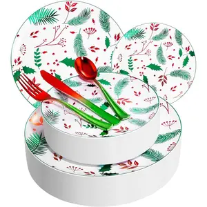 Christmas Plastic Plates 150Pcs Green and Red Plastic Plates- Christmas Party Plates include 60Pcs Holly Berry Plates 90Pack Christmas Plastic Silverware Perfect for Christmas