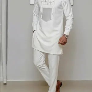 Muslim Men's 2-Piece Set African Boubou Long Sleeve Embroidered Ethnic Suit, Elegant Formal Wear for Festivals Weddings Parties Gifts Thobe Combo