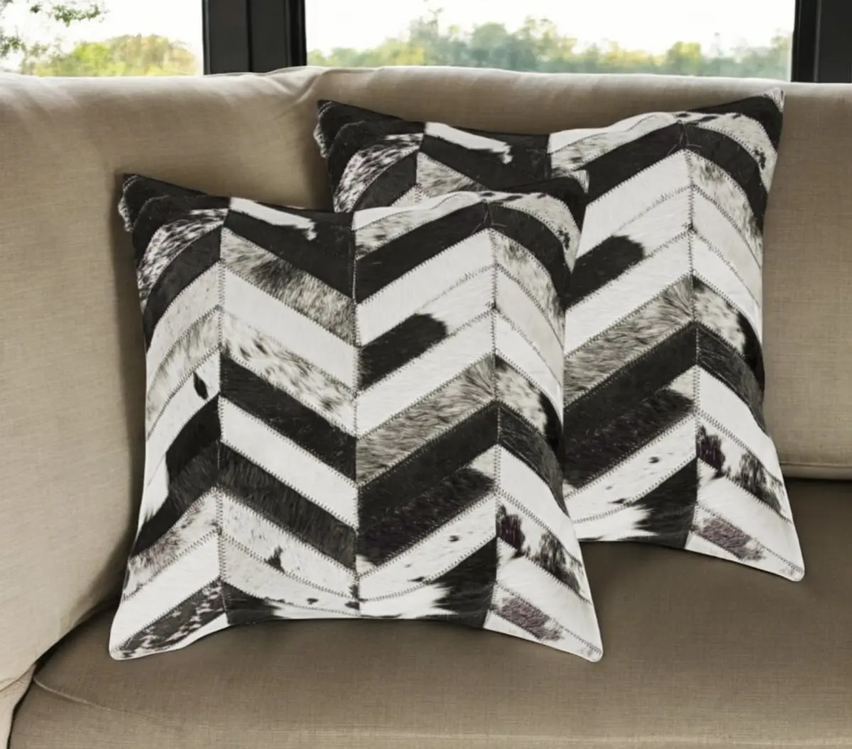 HomeRoots 18 in. Black-Natural Chevron Cowhide Leather Gender Neutral Decorative Throw Pillows (Set of 2) - Handmade Craft, Transitional Couch Cushions, Soft Removable Sofa Cushion Decorations, Natural Polyfill, Home Decor, Commercial Use, Dry Clean Only