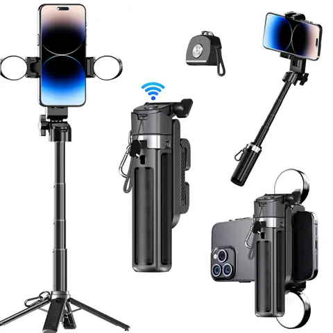 2026 New 4-in-1 Multifunctional Magnetic Mini Selfie Stick - 360° Rotatable, Wireless BT Control, Compact Stylish Plastic-Metal Phone Holder, Double LED Lights, Extends 16"-20.2in, for Smartphone Selfies, Father's Day Gift