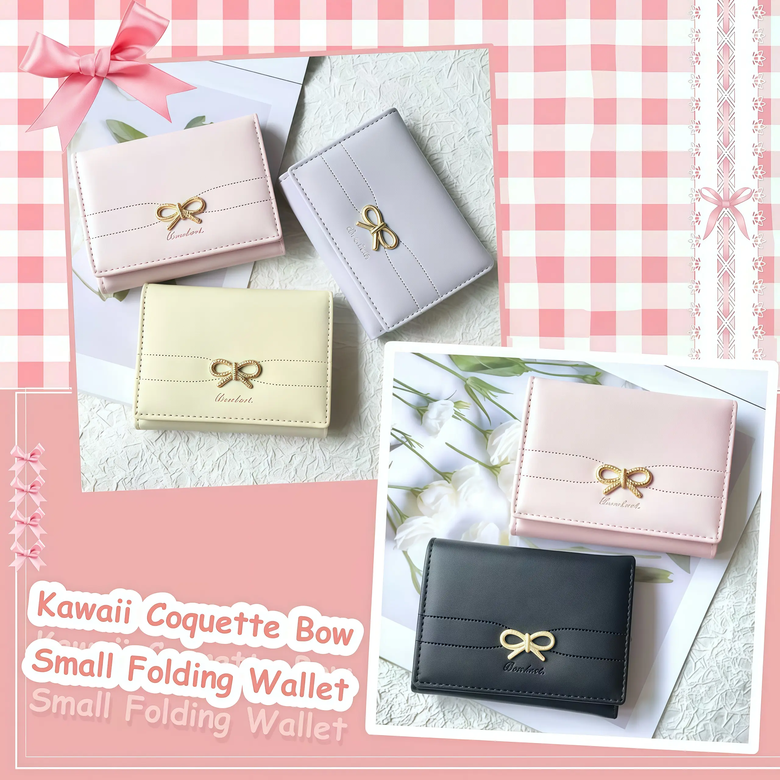 Portafoglio Piccolo A Tre Pieghe Coquette Bow - Nero - In Pelle PU Con Fiocco Metallico Per Donne E Ragazze