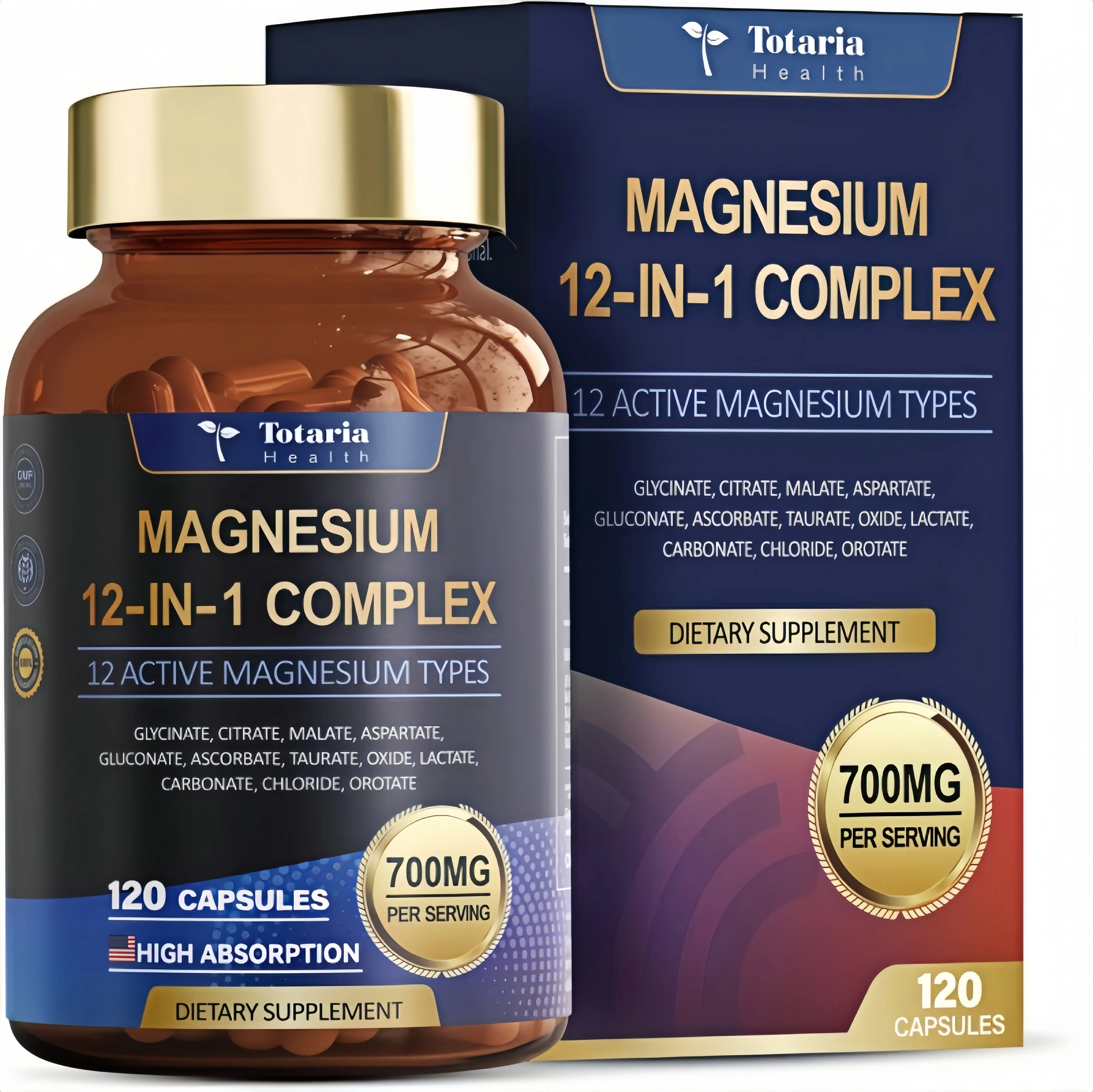 12-in-1 Magnesium Glycinate Complex Supplement 700mg - Supplement with Glycinate, Citrate, Malate, Oxide Taurate Aspartate Orotate,Vegan Capsules for Muscle, Heart, and Relaxation Support magnesium,120 Capsules