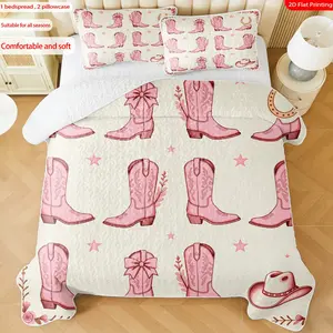 3pcs, 2D flat print Western style bed cover set with pink cowboy boots & hat theme, multiple sizes available, bedding set, festive decorative bedding, ideal for bedroom décor, Bed Sets Supplies(1 bedspread , 2 pillowcase)