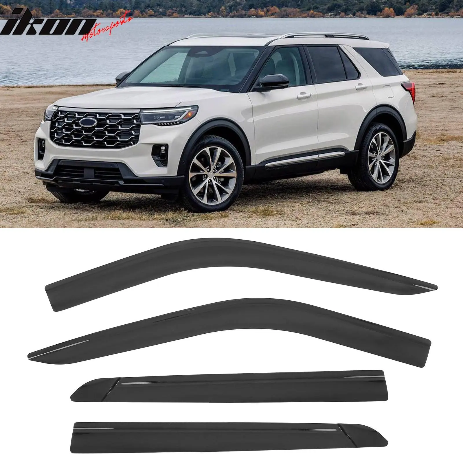 IKON MOTORSPORTS Tape-On Smoke Window Visors, Low Profile Style Car Side Window Deflectors for Ford Explorer 2020-2025
