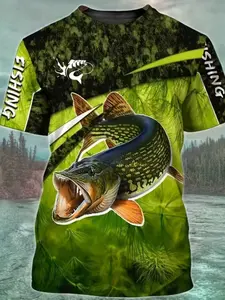 Men's Fishing Theme 3D Print Quick-Dry Short Sleeve T-Shirt, Outdoor Sports Casual Top, Fitted H-Type Graphic Tee for All Seasons