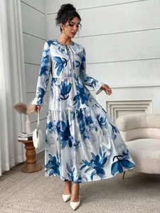 Elegant Women's Long Sleeve Ruffle Dress, Aesthetic Printed Tie Waist Design, Perfect for Spring & Fall Fashion, Ladies' Casual Wear