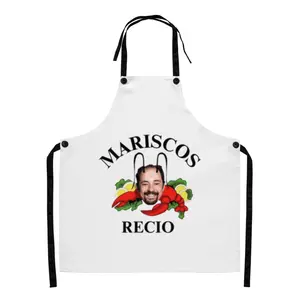 Mariscos Recio Apron - Adjustable Polyester Cooking Apron with Button Straps, White, 27.6" x 30.3", One Size Fits Most