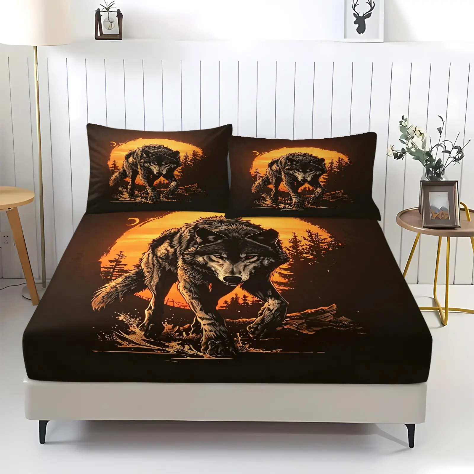 Wolf pattern printed bedsheet, including 1 bedsheet and 2 pillowcases, anti slip dust cover suitable for bedrooms and guest rooms, suitable for personal use or gift giving