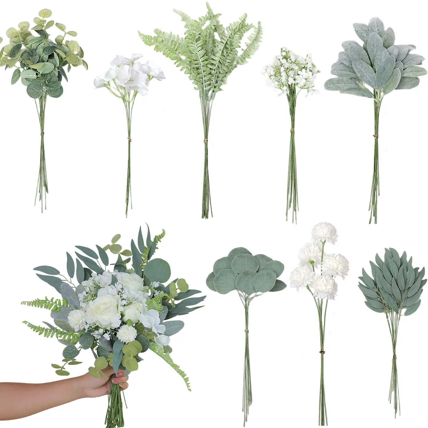 Decorative Silk Plastic Artificial Greenery Set - 65 Pcs with 8 Kinds of Faux Leaf Branches, Fairy Flower Bouquets, Stems for DIY Wedding Bouquets, Home Decor, Wall Floral Arrangements