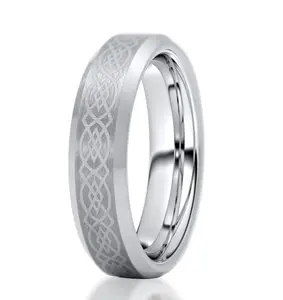 Gentlemen's Bands 6mm Tungsten Carbide Wedding Ring with Engraved Celtic Knot Pattern in Silver Color - Comfort Fit Men's Wedding Band