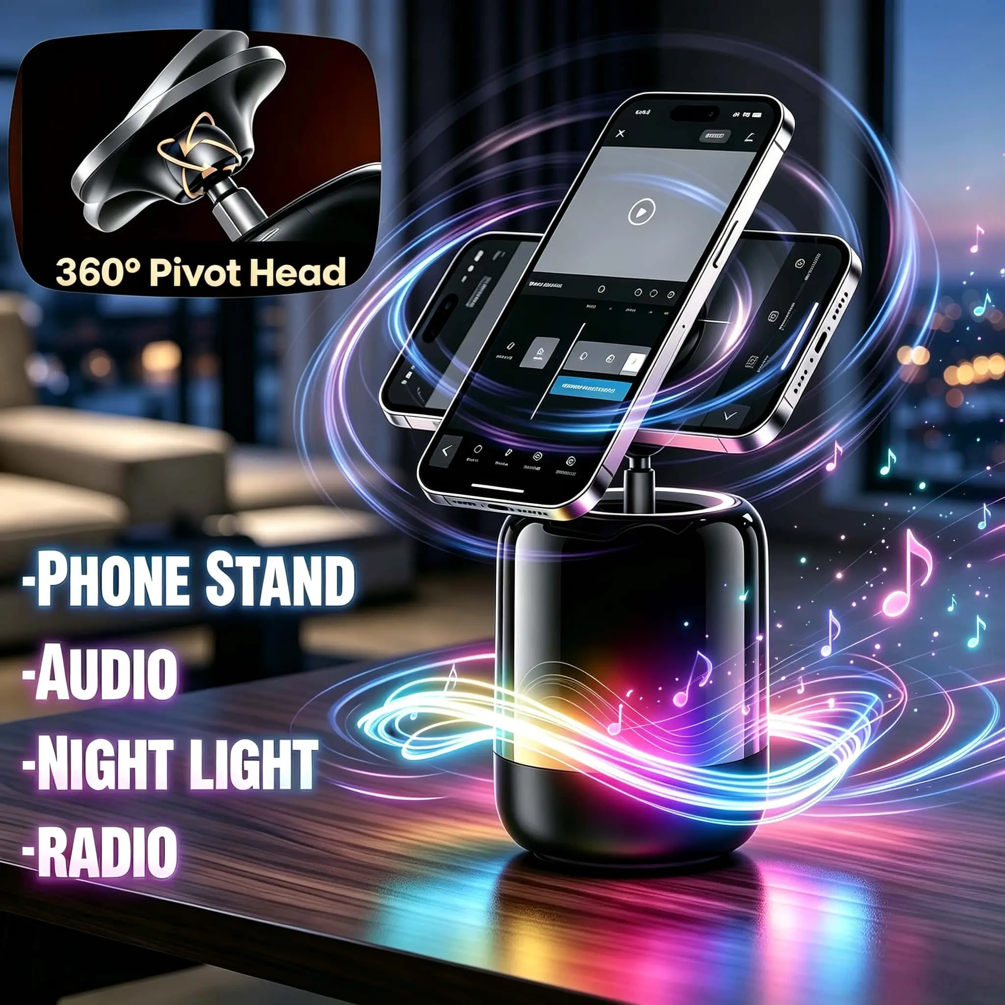 Bluetooth Speaker with Magnetic Phone Stand 4-in-1 Wireless Induction Audio & Bluetooth Speaker with Phone Holder  RGB Ambient Light  360 ° Adjustable Mobile Tablet Stand Gifts for Friends, Family Stereo Smartphone-MM