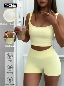 Women's High Waist Crop Top & Shorts Set, Sporty Slim Fit Seamless Design, Comfortable Casual Wear for Daily Yoga Fitness, Backless Gym Clothes Workout, Workout Summer Clothes