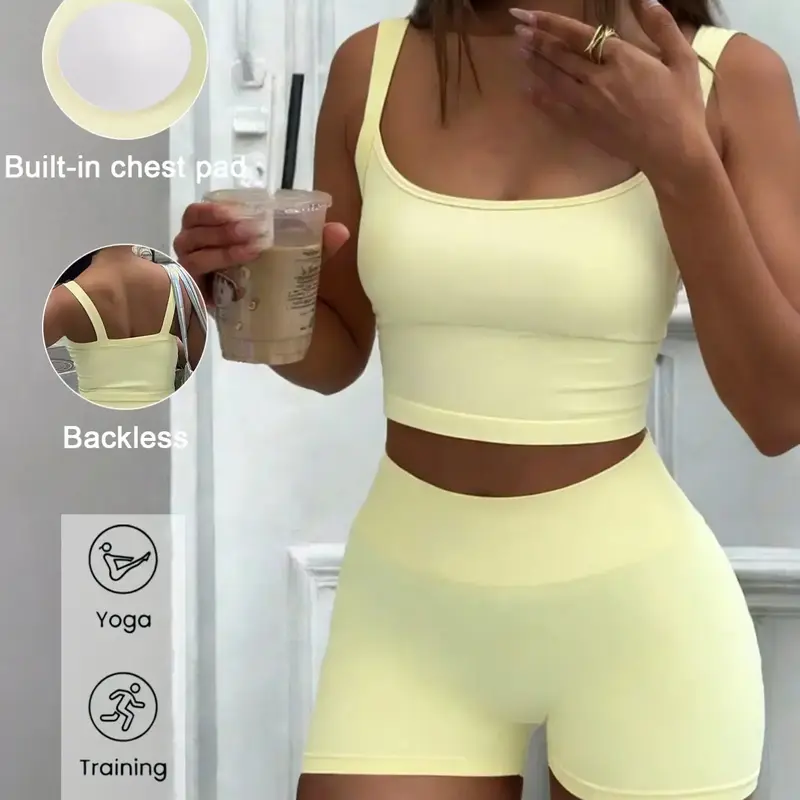 Women's High Waist Crop Top & Shorts Set, Sporty Slim Fit Seamless Design, Activewear Set for Yoga, Fitness, Running, Backless Gym Clothes, Sportswear Set, Activewear Clothing, Workout Exercise Clothing, Seamless Workout Sets