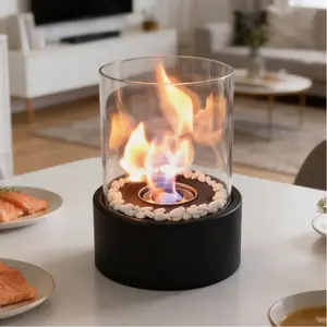 Large Round Desktop Fireplace Tabletop Fire Pit, Vintage Style with Stone Design, Fashionable Winter Heating Decorative Firebox for Home Decoration