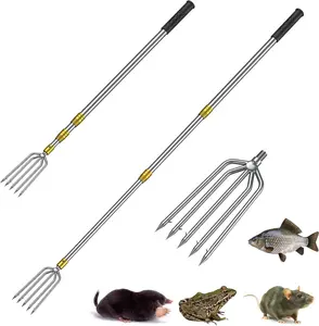 Stainless Steel Fishing Spear Frog Gig Gaff, Strong Flounder Gig with Barbed 5 Prong Tine & Long Pole, Telescopic Fishing Harpoon for Fish Bullfrog Toad Mole & Hunting