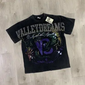 Oversized VALLEY  Hot Drill Letters Mens Short Sleeves Black Washed American Streetwear Vale T-Shirts