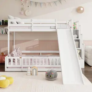 [Bellemave]Twin Over Full Bunk Bed with Slide, Storage Staircase, Pine Solid Wooden Bunk Bed with Safety Guardrails